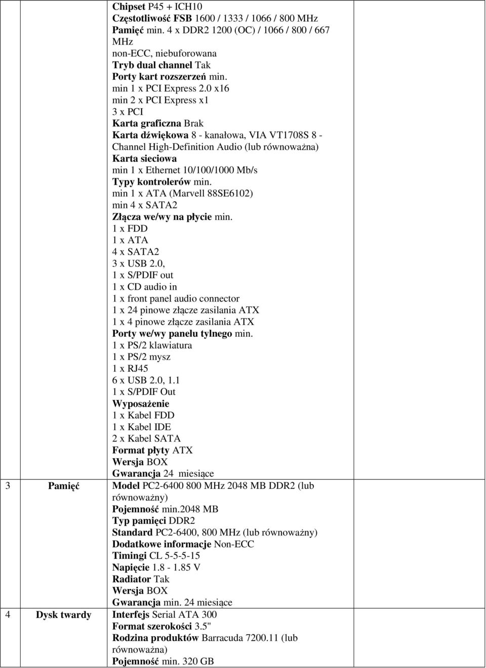 0 x16 min 2 x PCI Express x1 3 x PCI Karta graficzna Brak Karta dźwiękowa 8 - kanałowa, VIA VT1708S 8 - Channel High-Definition Audio (lub równoważna) Karta sieciowa min 1 x Ethernet 10/100/1000 Mb/s