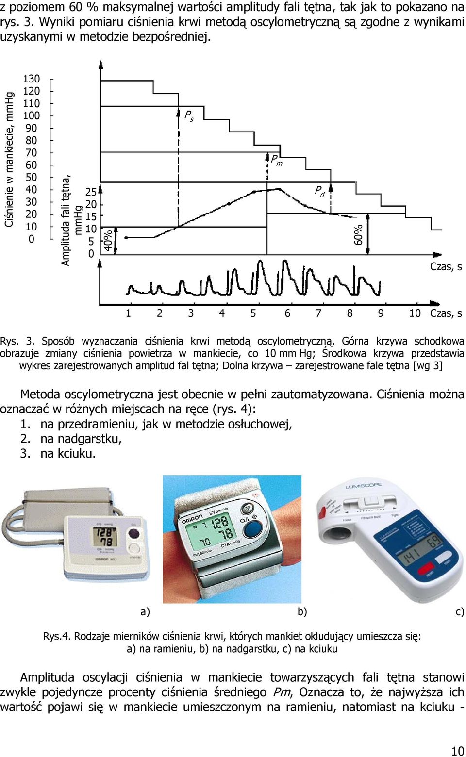 Górna krzywa schodkowa obrazuje zmiany ciśnienia powietrza w mankiecie, co 10 mm Hg; Środkowa krzywa przedstawia wykres zarejestrowanych amplitud fal tętna; Dolna krzywa zarejestrowane fale tętna [wg
