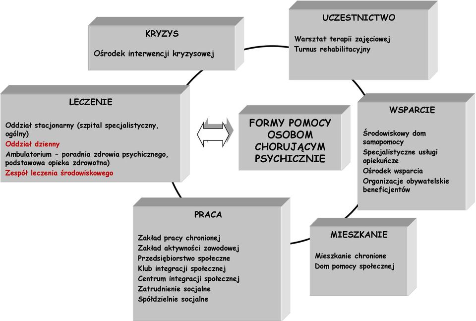 Środowiskowy dom samopomocy Specjalistyczne usługi opiekuńcze Ośrodek wsparcia Organizacje obywatelskie beneficjentów PRACA Zakład pracy chronionej Zakład aktywności