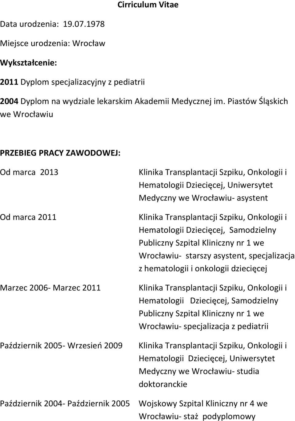 asystent Hematologii Dziecięcej, Samodzielny Publiczny Szpital Kliniczny nr 1 we Wrocławiu- starszy asystent, specjalizacja z hematologii i onkologii dziecięcej Hematologii Dziecięcej, Samodzielny