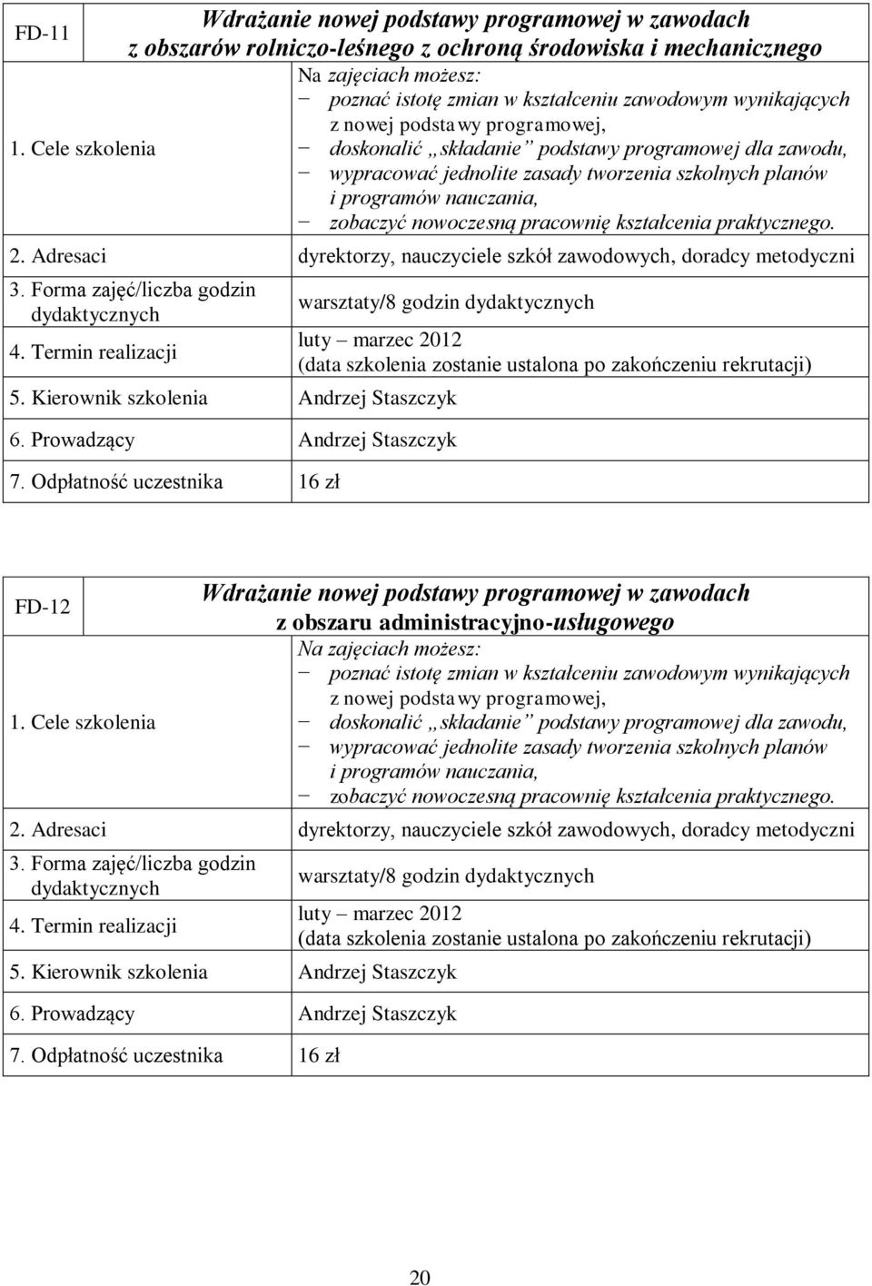 dyrektorzy, nauczyciele szkół zawodowych, doradcy metodyczni warsztaty/8 godzin 5. Kierownik szkolenia Andrzej Staszczyk 6. Prowadzący Andrzej Staszczyk 7.