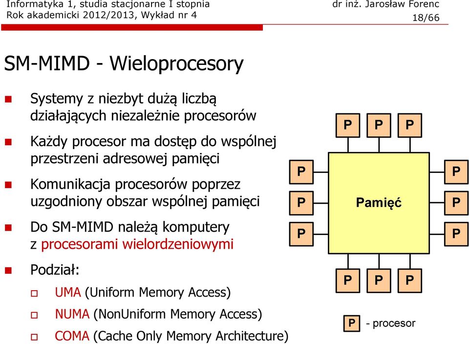 Komunikacja procesorów poprzez uzgodniony obszar wspólnej pamięci Do SM-MIMD należą komputery z procesorami