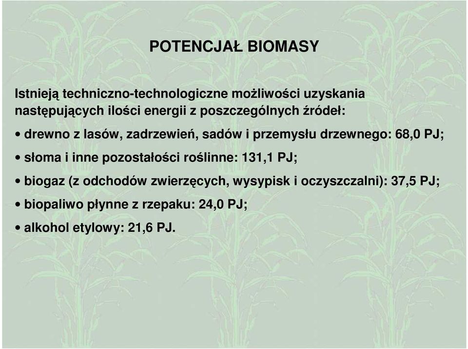 drzewnego: 68,0 PJ; słoma i inne pozostałości roślinne: 131,1 PJ; biogaz (z odchodów