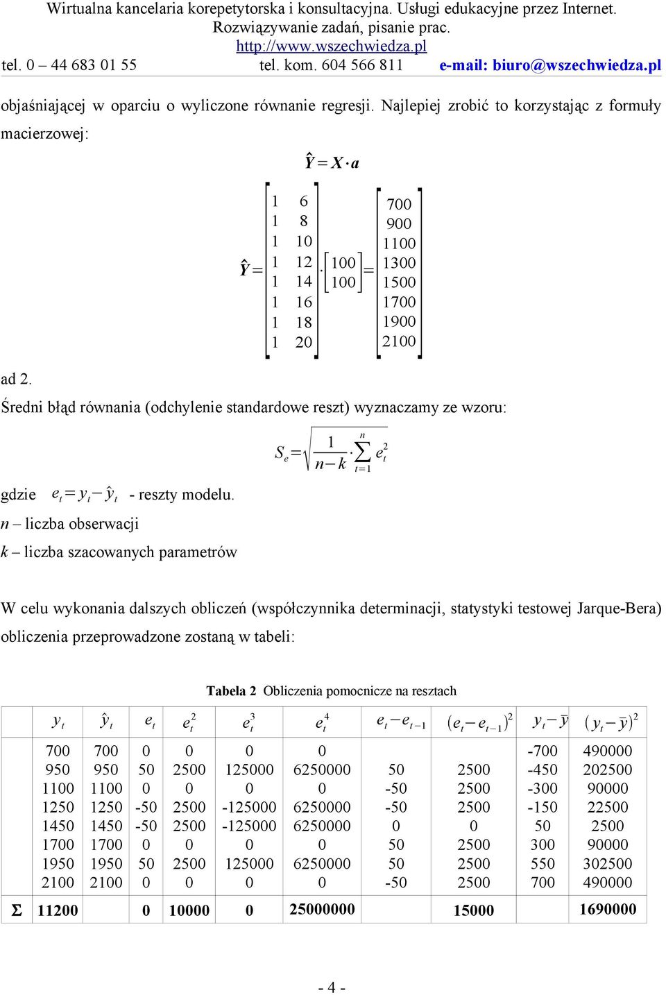 =[ 6 1 8 1 1 Y =[1 1 1 1 14 [ 1] 1 16 1 18 1 ] Średni błąd równania (odchylenie standardowe reszt) wyznaczamy ze wzoru: gdzie e t = y t y t - reszty modelu.