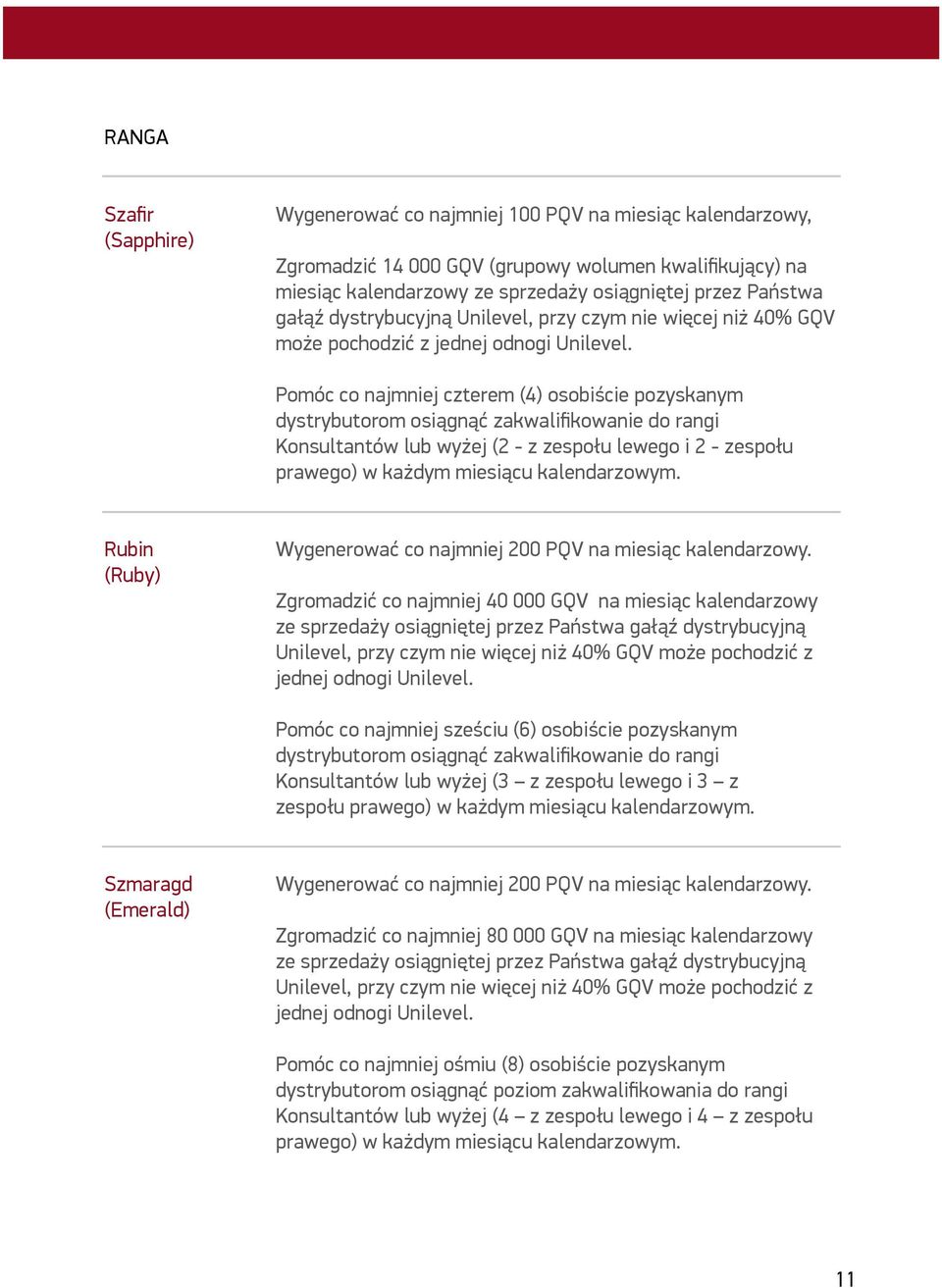 Pomóc co najmniej czterem (4) osobiście pozyskanym dystrybutorom osiągnąć zakwalifikowanie do rangi Konsultantów lub wyżej (2 - z zespołu lewego i 2 - zespołu prawego) w każdym miesiącu kalendarzowym.