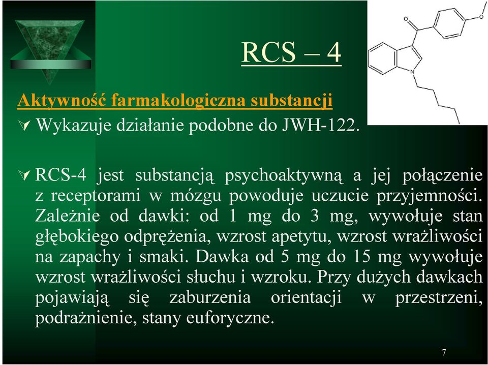 Zależnie od dawki: od 1 mg do 3 mg, wywołuje stan głębokiego odprężenia, wzrost apetytu, wzrost wrażliwości na zapachy i