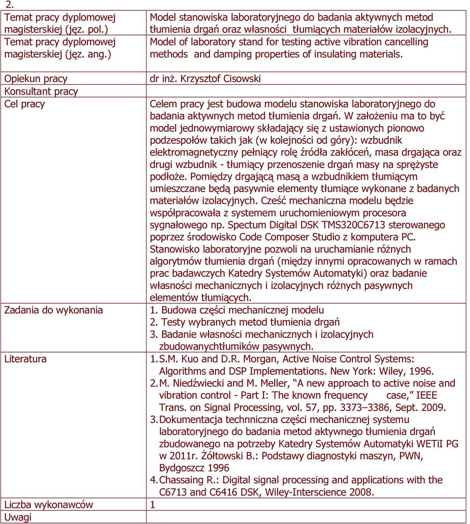 Krzysztof Cisowski Celem pracy jest budowa modelu stanowiska laboratoryjnego do badania aktywnych metod tłumienia drgań.