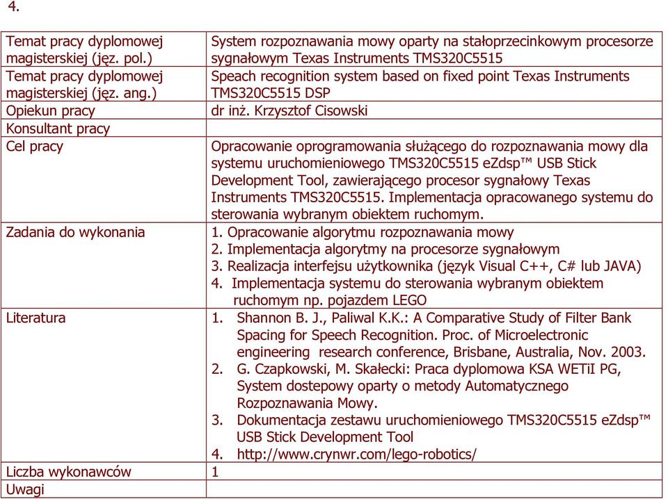 Krzysztof Cisowski Opracowanie oprogramowania służącego do rozpoznawania mowy dla systemu uruchomieniowego TMS320C5515 ezdsp USB Stick Development Tool, zawierającego procesor sygnałowy Texas