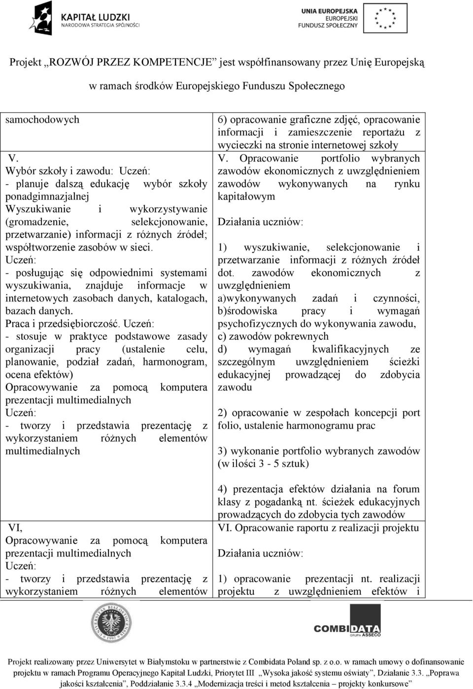 współtworzenie zasobów w sieci. - posługując się odpowiednimi systemami wyszukiwania, znajduje informacje w internetowych zasobach danych, katalogach, bazach danych. Praca i przedsiębiorczość.