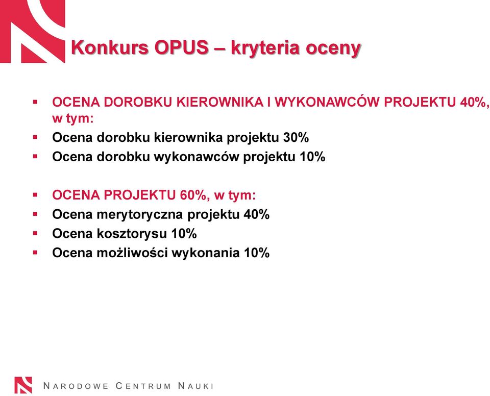 dorobku wykonawców projektu 10% OCENA PROJEKTU 60%, w tym: Ocena