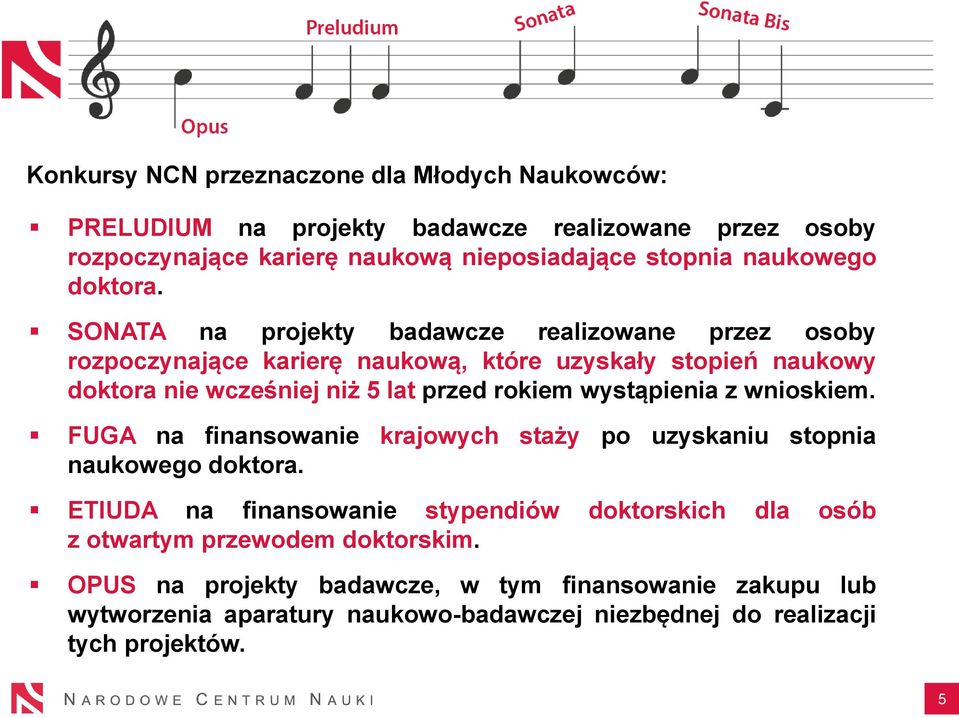 SONATA na projekty badawcze realizowane przez osoby rozpoczynające karierę naukową, które uzyskały stopień naukowy doktora nie wcześniej niż 5 lat przed rokiem wystąpienia z