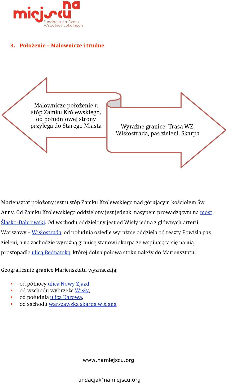 OdwschoduoddzielonyjestodWisłyjednązgłównycharterii Warszawy Wisłostradą,odpołudniaosiedlewyraźnieoddzielaodresztyPowiślapas