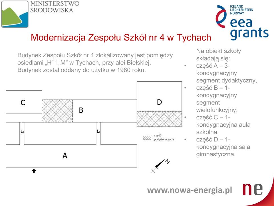 Na obiekt szkoły składają się: część A 3- kondygnacyjny segment dydaktyczny, część B 1-