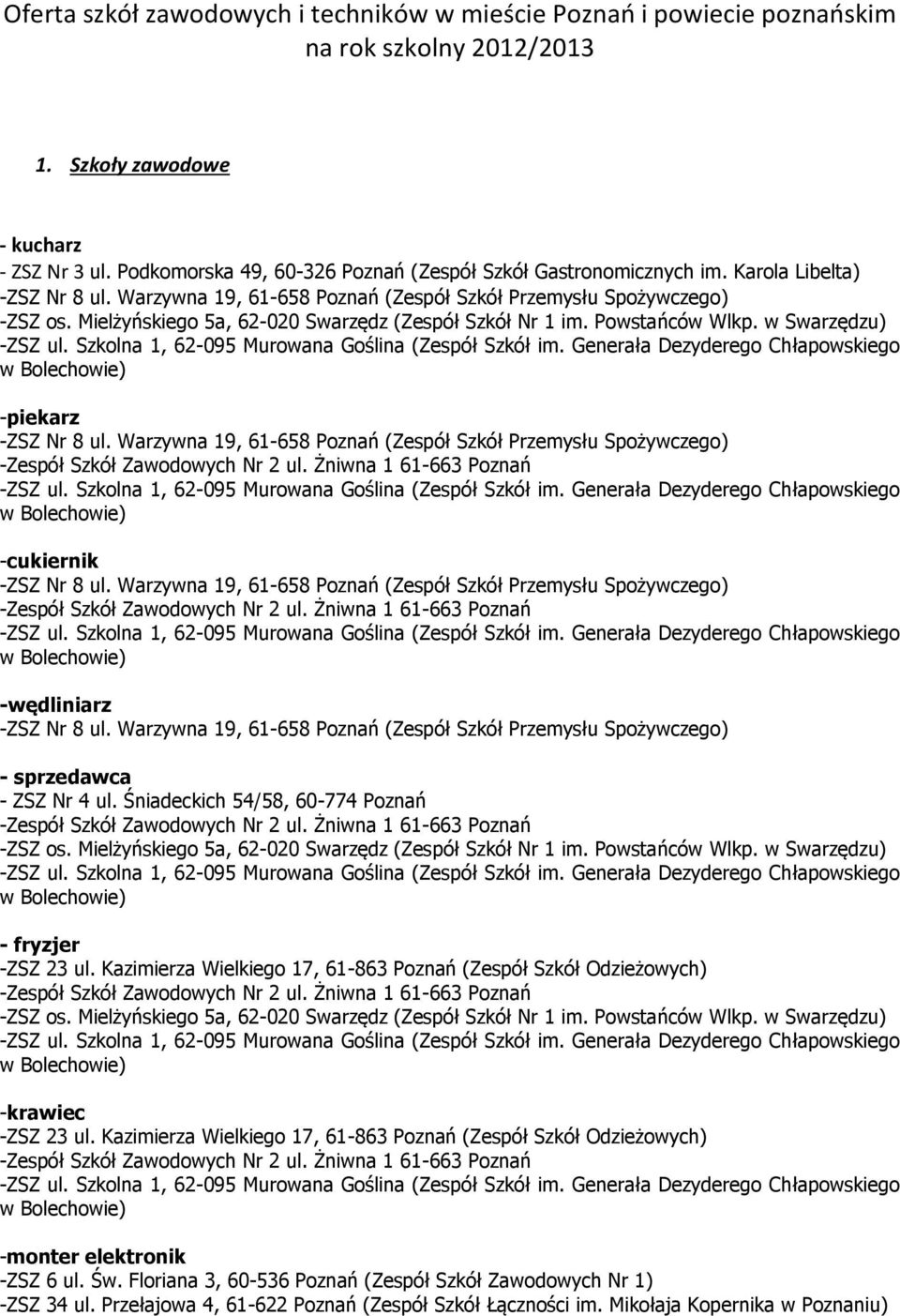 Warzywna 19, 61-658 Poznań (Zespół Szkół Przemysłu Spożywczego) -cukiernik -ZSZ Nr 8 ul. Warzywna 19, 61-658 Poznań (Zespół Szkół Przemysłu Spożywczego) -wędliniarz -ZSZ Nr 8 ul.