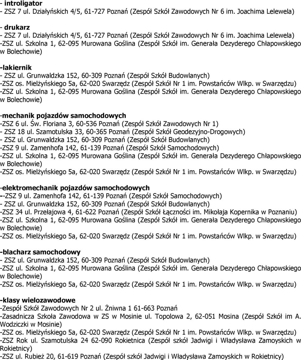 Zamenhofa 142, 61-139 Poznań (Zespół Szkół Samochodowych) -elektromechanik pojazdów samochodowych --ZSZ 9 ul. Zamenhofa 142, 61-139 Poznań (Zespół Szkół Samochodowych) -ZSZ 34 ul.