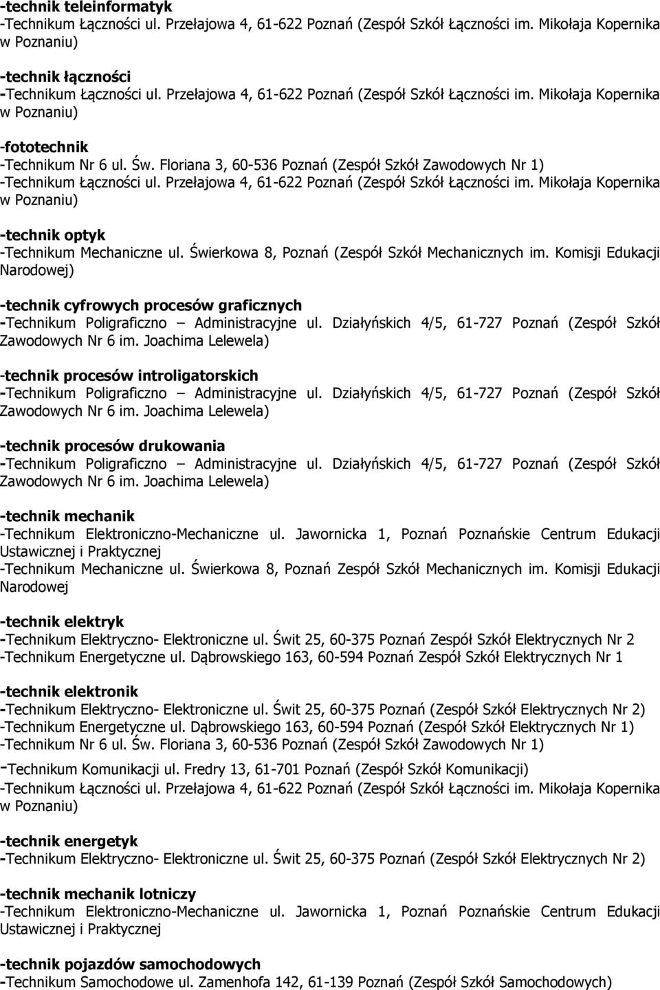 Floriana 3, 60-536 Poznań (Zespół Szkół Zawodowych Nr 1) -Technikum Łączności ul. Przełajowa 4, 61-622 Poznań (Zespół Szkół Łączności im.