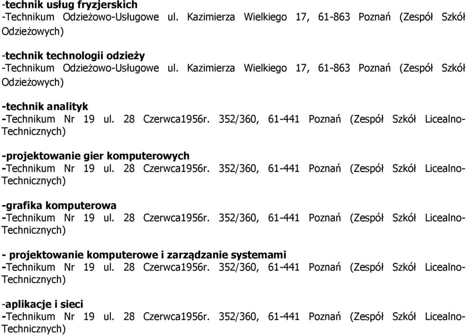 352/360, 61-441 Poznań (Zespół Szkół Licealno- -projektowanie gier komputerowych -Technikum Nr 19 ul. 28 Czerwca1956r.