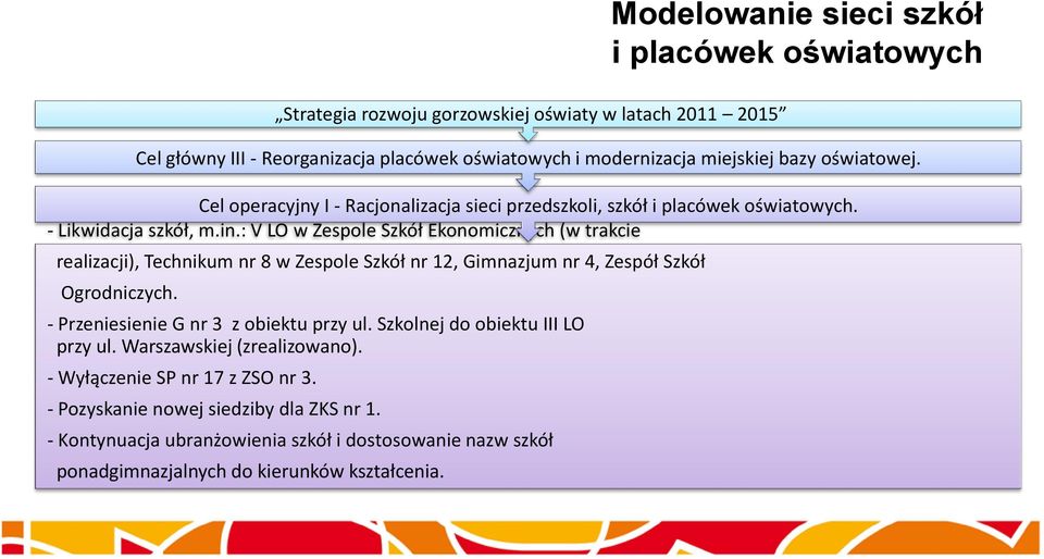 Cel główny III - Reorganizacja placówek oświatowych i modernizacja miejskiej bazy oświatowej. - Przeniesienie G nr 3 z obiektu przy ul. Szkolnej do obiektu III LO przy ul.