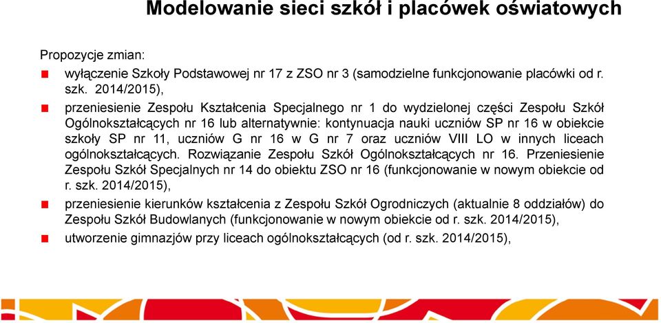 2014/2015), przeniesienie Zespołu Kształcenia Specjalnego nr 1 do wydzielonej części Zespołu Szkół Ogólnokształcących nr 16 lub alternatywnie: kontynuacja nauki uczniów SP nr 16 w obiekcie szkoły SP