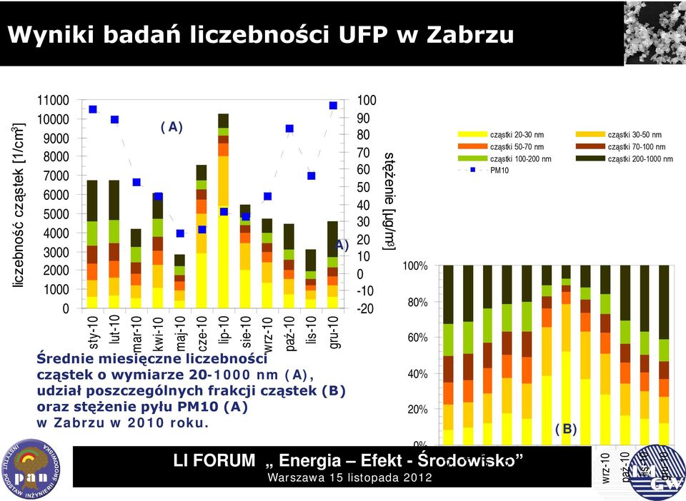 oraz stężenie pyłu PM1 (A) w Zabrzu w 21 roku.