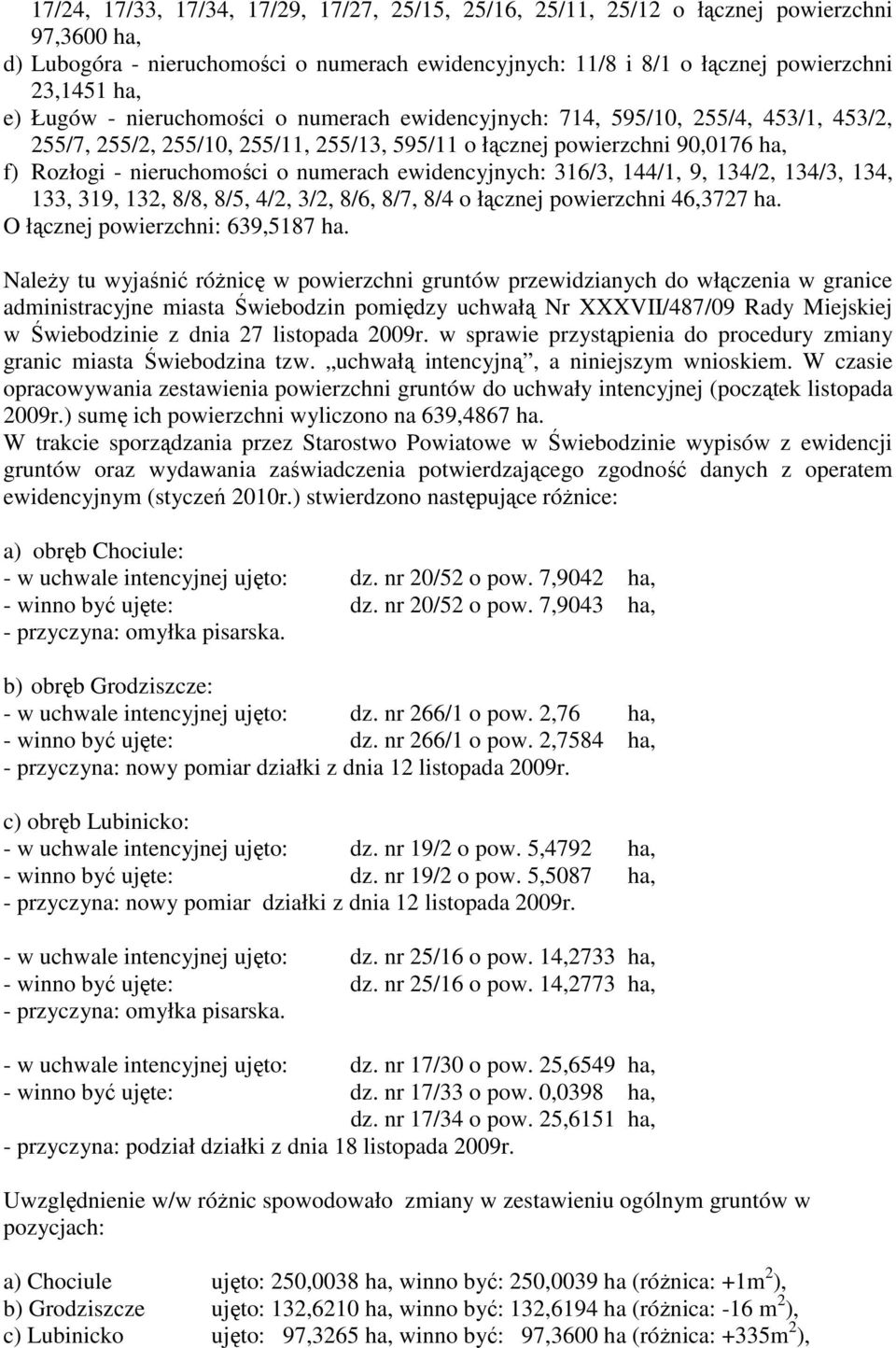 ewidencyjnych: 316/3, 144/1, 9, 134/2, 134/3, 134, 133, 319, 132, 8/8, 8/5, 4/2, 3/2, 8/6, 8/7, 8/4 o łącznej powierzchni 46,3727 ha. O łącznej powierzchni: 639,5187 ha.