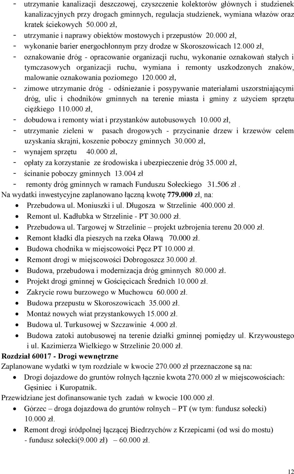 000 zł, - oznakowanie dróg - opracowanie organizacji ruchu, wykonanie oznakowań stałych i tymczasowych organizacji ruchu, wymiana i remonty uszkodzonych znaków, malowanie oznakowania poziomego 120.