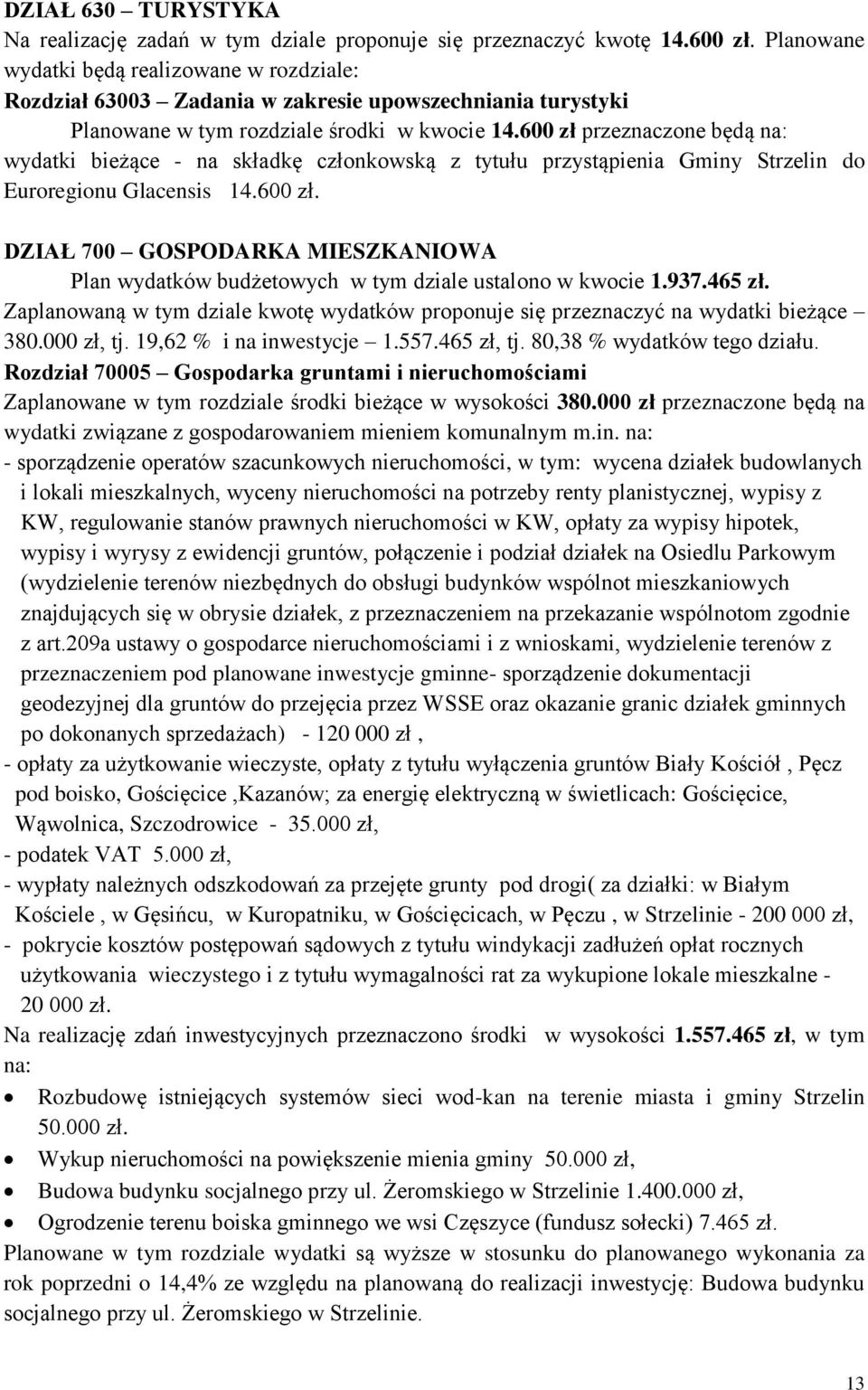 600 zł przeznaczone będą na: wydatki bieżące - na składkę członkowską z tytułu przystąpienia Gminy Strzelin do Euroregionu Glacensis 14.600 zł. DZIAŁ 700 GOSPODARKA MIESZKANIOWA Plan wydatków budżetowych w tym dziale ustalono w kwocie 1.