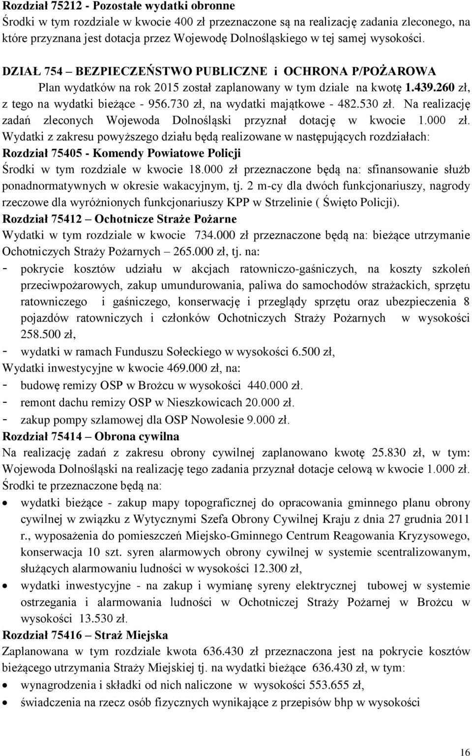 730 zł, na wydatki majątkowe - 482.530 zł. Na realizację zadań zleconych Wojewoda Dolnośląski przyznał dotację w kwocie 1.000 zł.