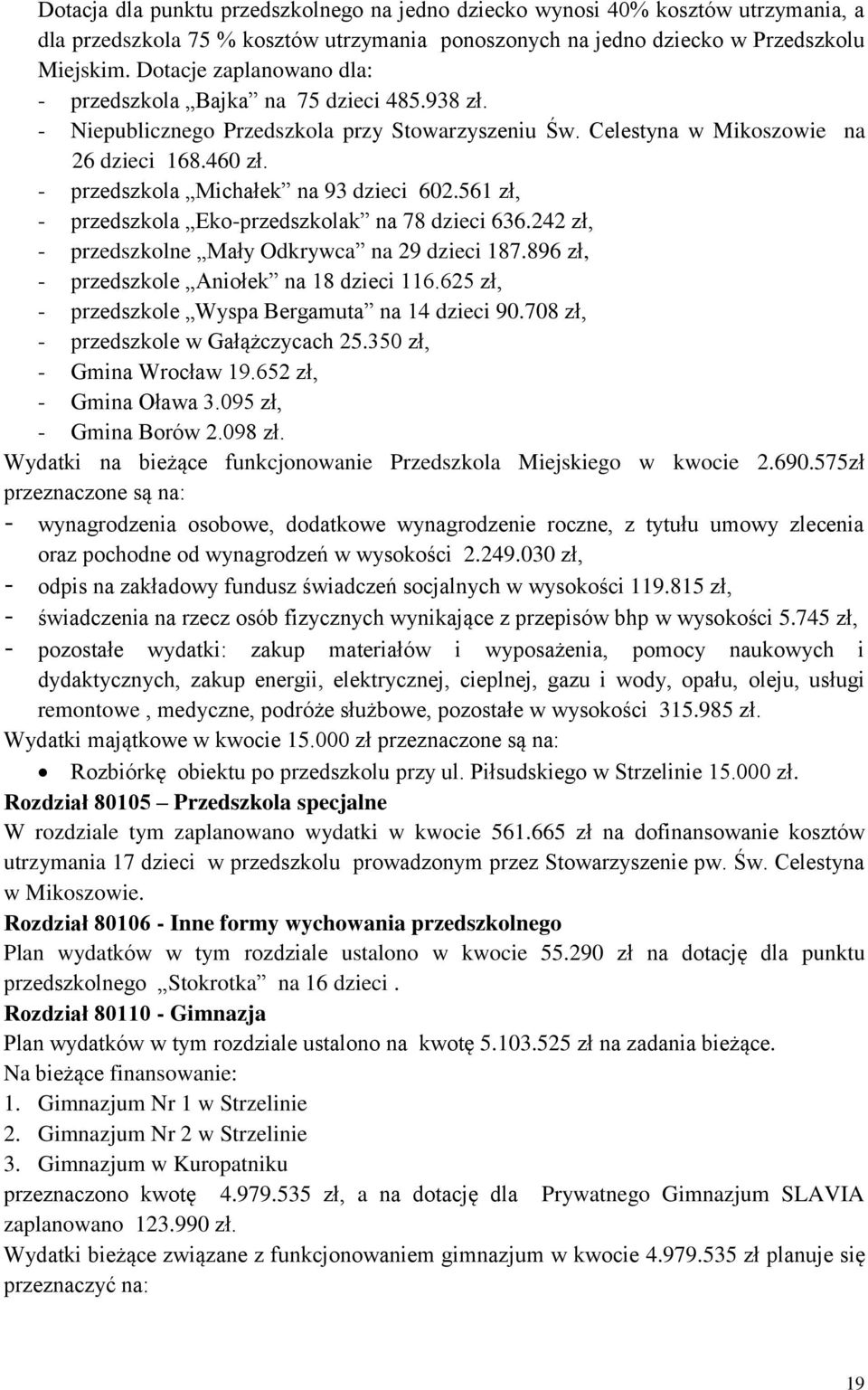 - przedszkola Michałek na 93 dzieci 602.561 zł, - przedszkola Eko-przedszkolak na 78 dzieci 636.242 zł, - przedszkolne Mały Odkrywca na 29 dzieci 187.896 zł, - przedszkole Aniołek na 18 dzieci 116.