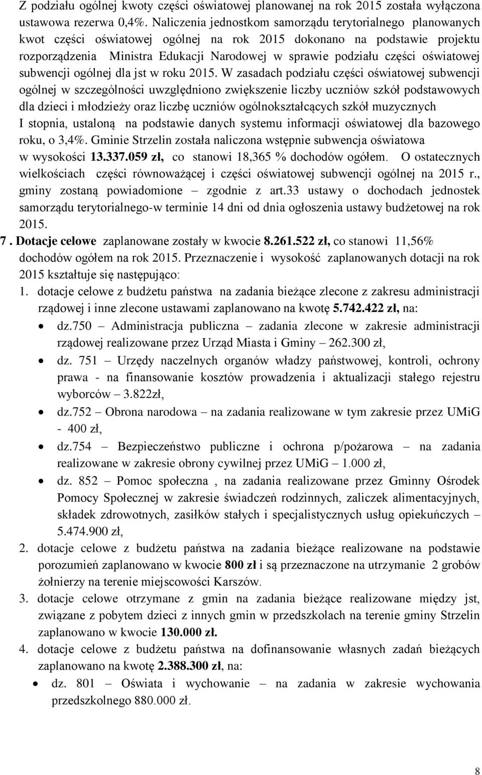 części oświatowej subwencji ogólnej dla jst w roku 2015.
