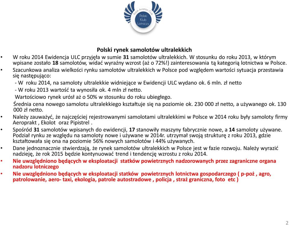Szacunkowa analiza wielkości rynku samolotów ultralekkich w Polsce pod względem wartości sytuacja przestawia się następująco: - W roku 2014, na samoloty ultralekkie widniejące w Ewidencji ULC wydano