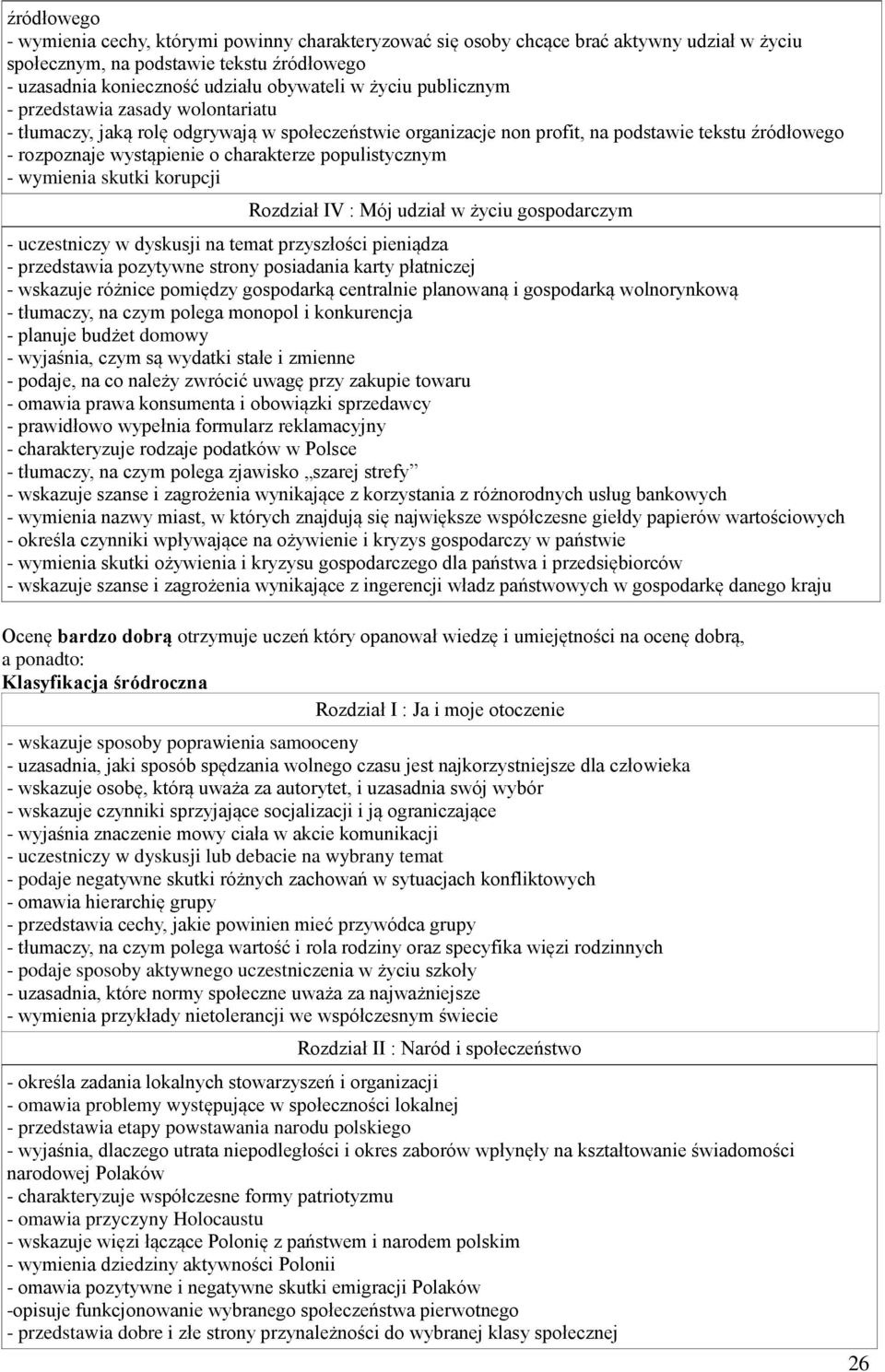 populistycznym - wymienia skutki korupcji Rozdział IV : Mój udział w życiu gospodarczym - uczestniczy w dyskusji na temat przyszłości pieniądza - przedstawia pozytywne strony posiadania karty