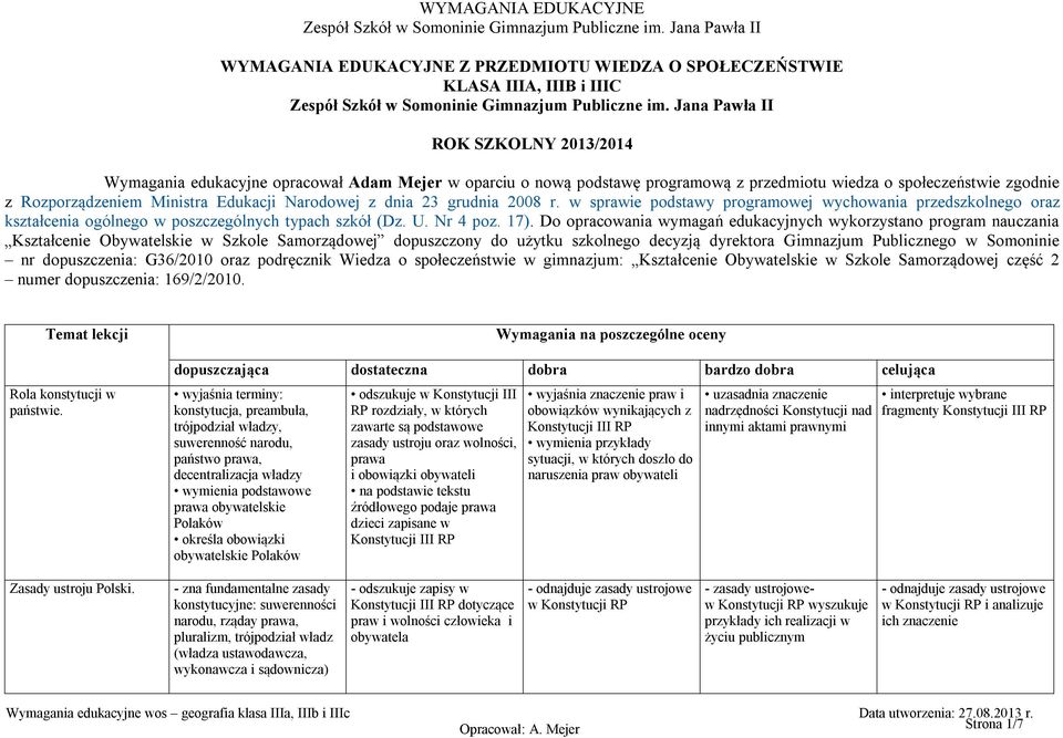 w sprawie podstawy programowej wychowania przedszkolnego oraz kształcenia ogólnego w poszczególnych typach szkół (Dz. U. Nr 4 poz. 17).