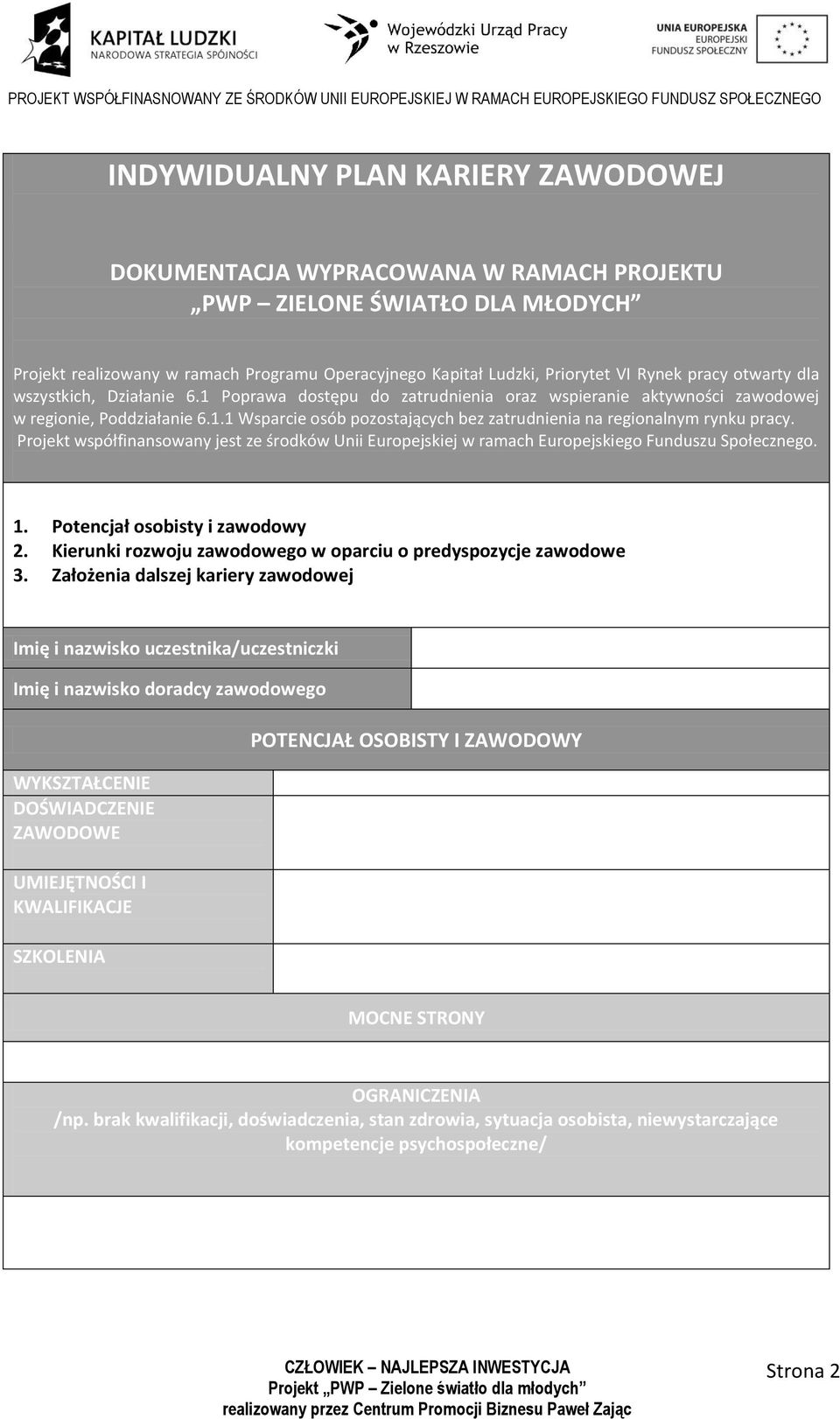 Projekt współfinansowany jest ze środków Unii Europejskiej w ramach Europejskiego Funduszu Społecznego. 1. Potencjał osobisty i zawodowy 2.