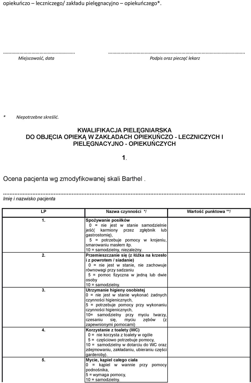 ... Imię i nazwisko pacjenta LP Nazwa czynności */ Wartość punktowa **/ 1.