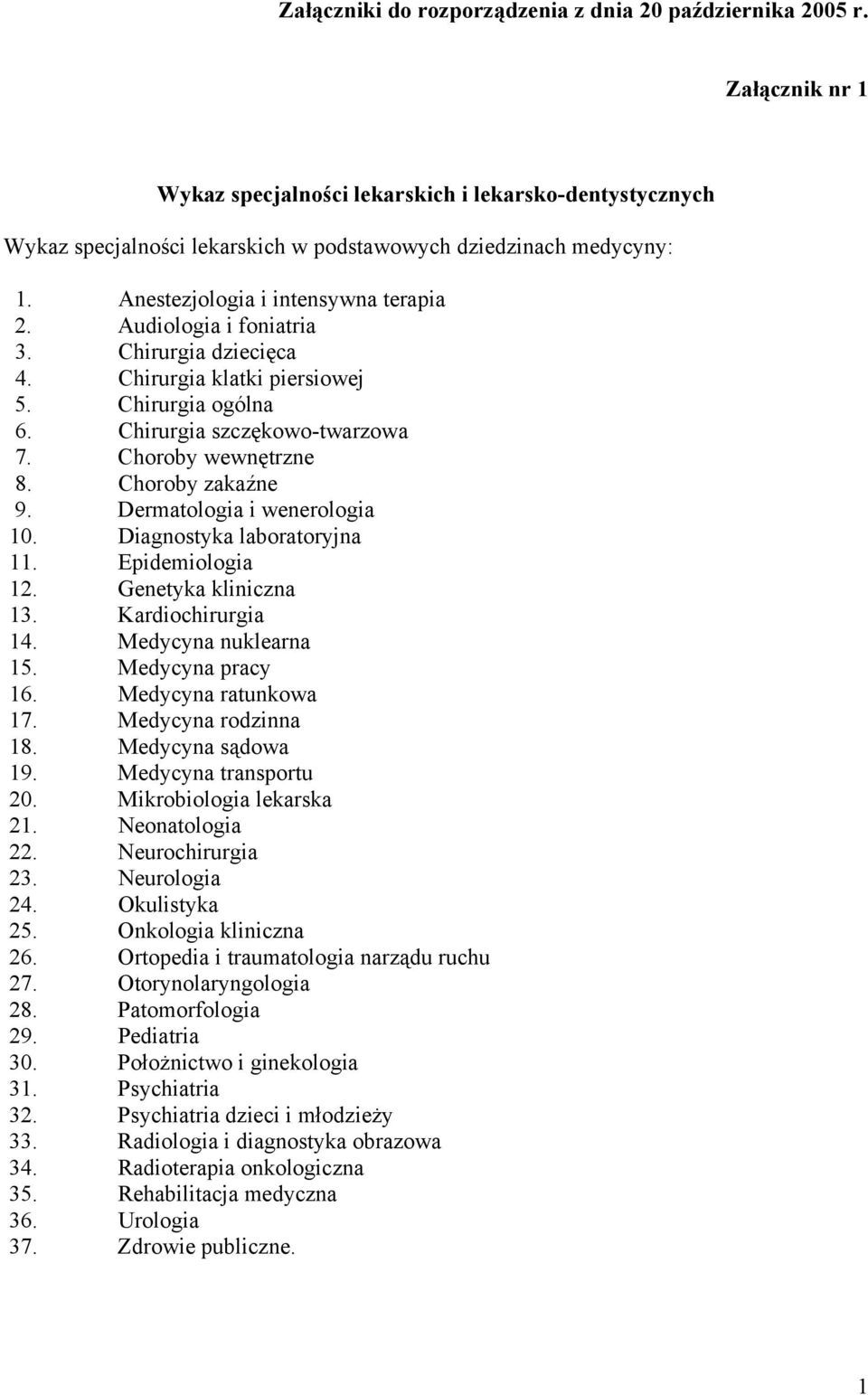 Diagnostyka laboratoryjna 11. Epidemiologia 12. Genetyka kliniczna 13. Kardiochirurgia 14. Medycyna nuklearna 15. Medycyna pracy 16. Medycyna ratunkowa 17. Medycyna rodzinna 18. Medycyna sądowa 19.