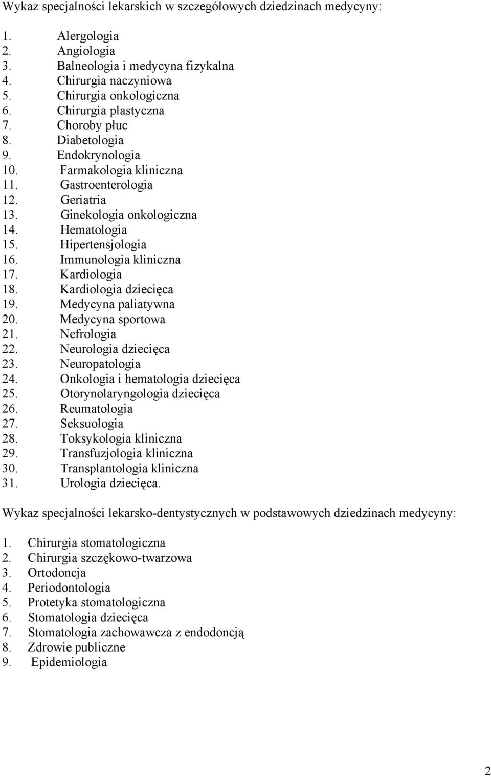 Hipertensjologia 16. Immunologia kliniczna 17. Kardiologia 18. Kardiologia dziecięca 19. Medycyna paliatywna 20. Medycyna sportowa 21. Nefrologia 22. Neurologia dziecięca 23. Neuropatologia 24.