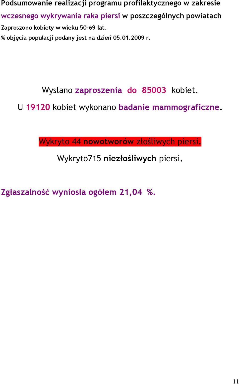 % objęcia populacji podany jest na dzień 05.01.2009 r. Wysłano zaproszenia do 85003 kobiet.