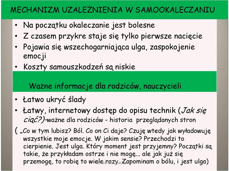 )-ważne dla rodziców - historia przeglądanych stron ( Co w tym lubisz? Ból. Co on Ci daje? Czuję wtedy jak wyładowuję wszystkie moje emocje. W jakim sensie?