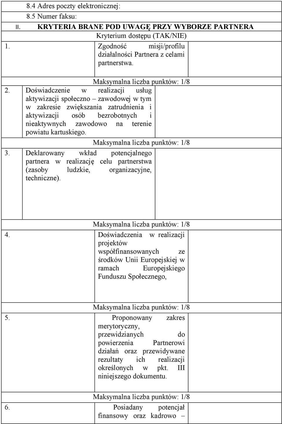 Deklarowany wkład potencjalnego partnera w realizację celu partnerstwa (zasoby ludzkie, organizacyjne, techniczne). 4.