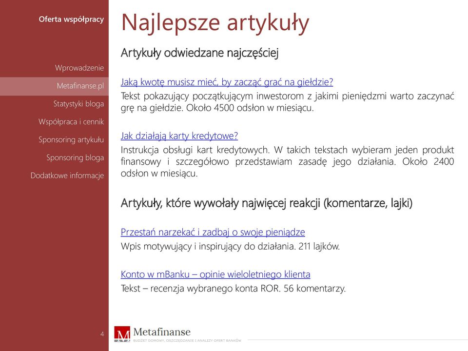 Instrukcja obsługi kart kredytowych. W takich tekstach wybieram jeden produkt finansowy i szczegółowo przedstawiam zasadę jego działania. Około 2400 odsłon w miesiącu.
