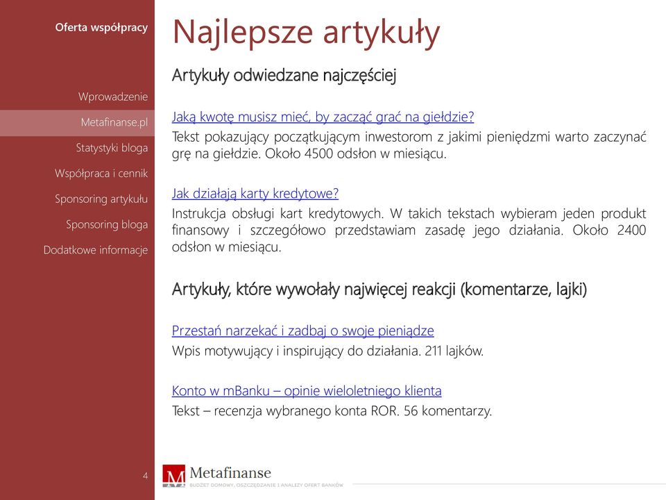 Instrukcja obsługi kart kredytowych. W takich tekstach wybieram jeden produkt finansowy i szczegółowo przedstawiam zasadę jego działania. Około 2400 odsłon w miesiącu.