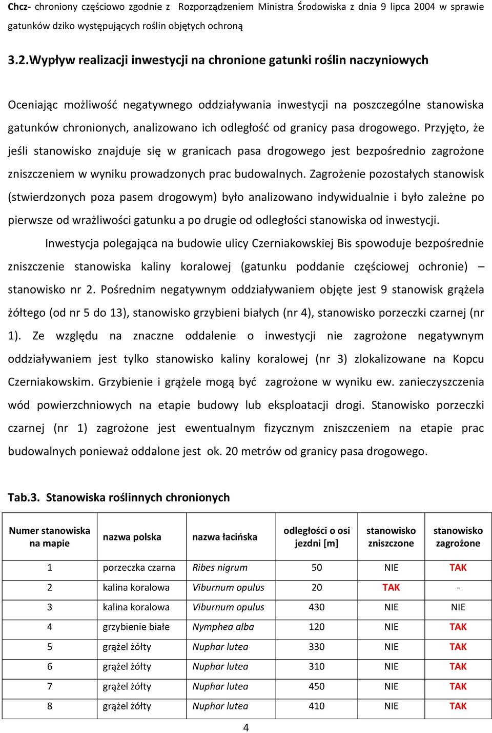 Wypływ realizacji inwestycji na chronione gatunki roślin naczyniowych Oceniając możliwość negatywnego oddziaływania inwestycji na poszczególne stanowiska gatunków chronionych, analizowano ich