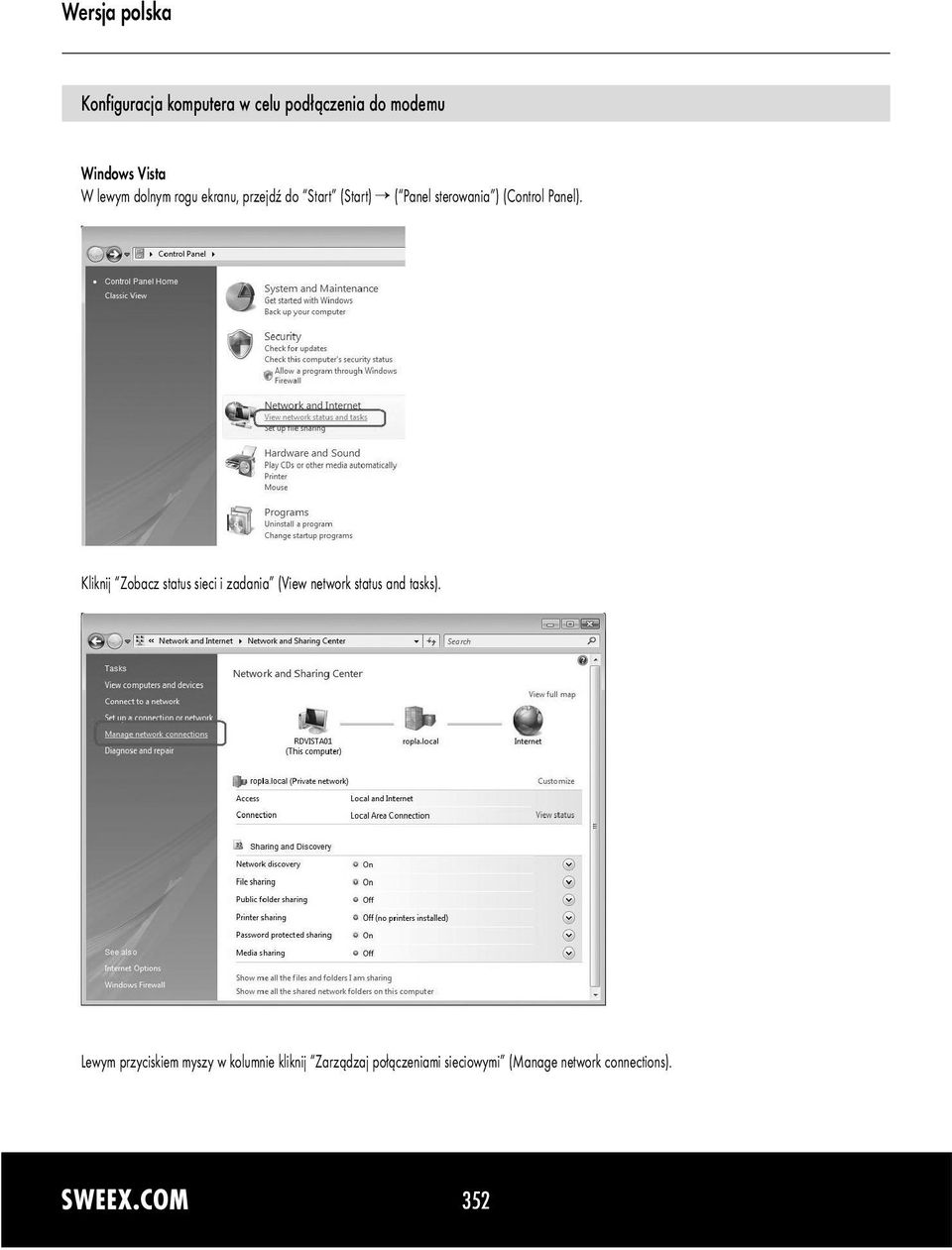 Kliknij Zobacz status sieci i zadania (View network status and tasks).