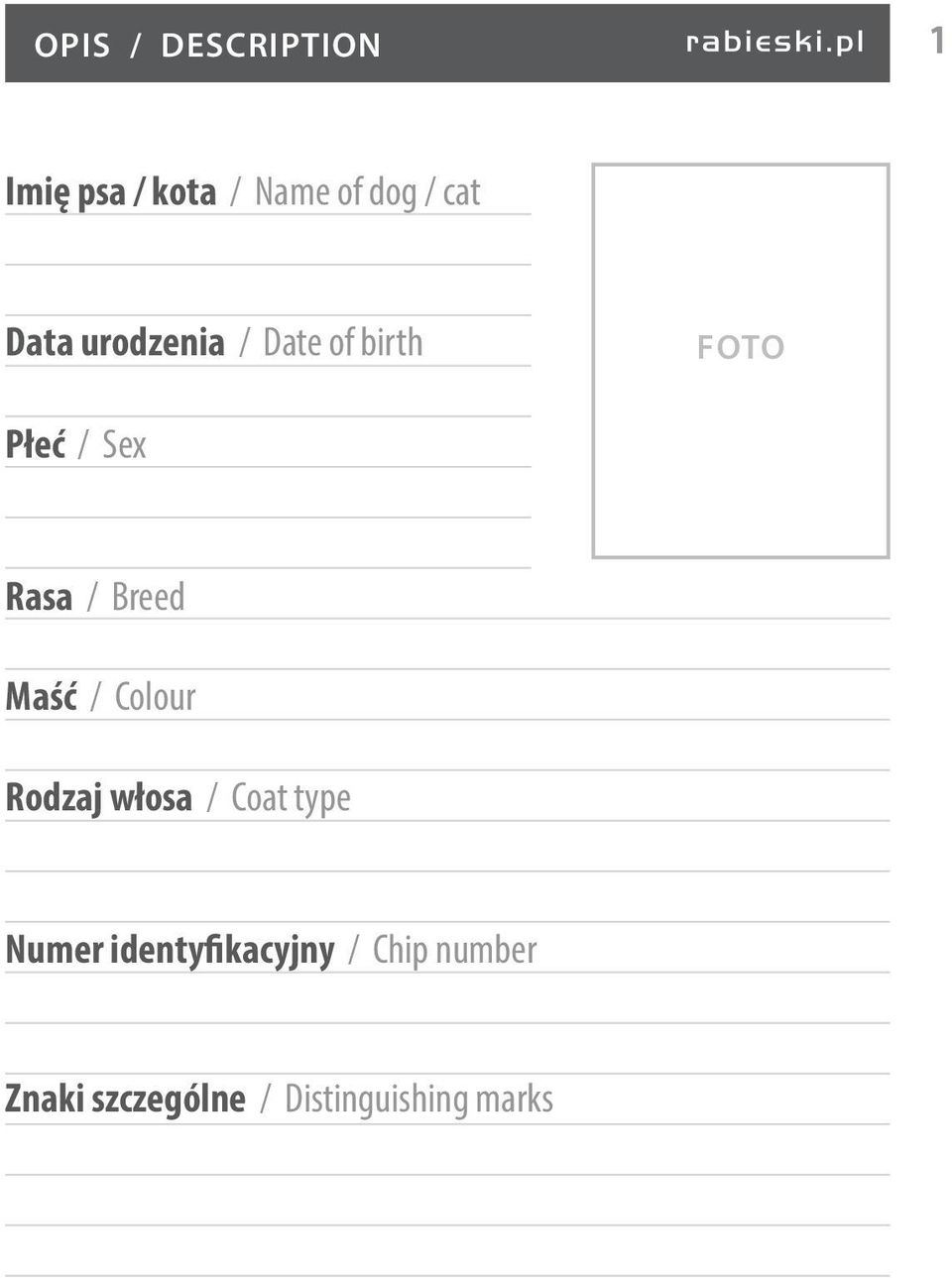 Maść / Colour Rodzaj włosa / Coat type Numer