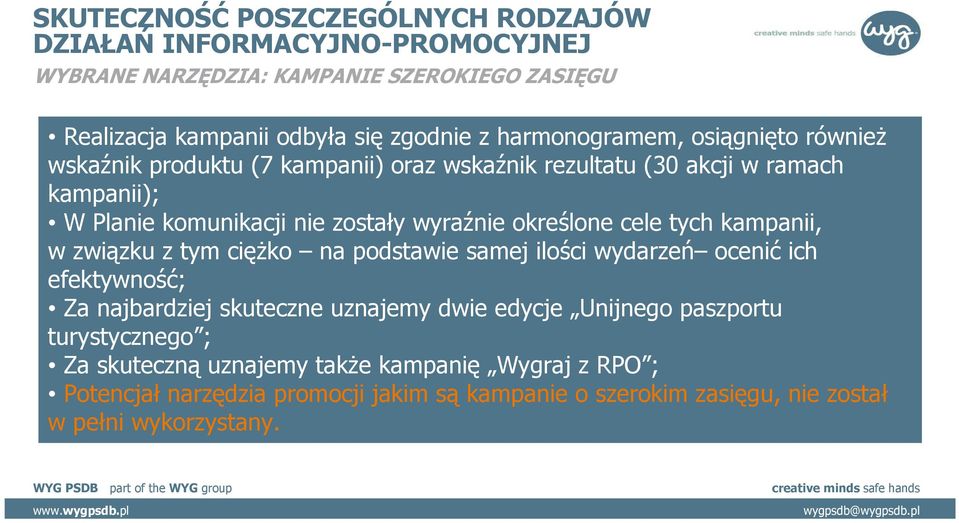 określone cele tych kampanii, w związku z tym ciężko na podstawie samej ilości wydarzeń ocenić ich efektywność; Za najbardziej skuteczne uznajemy dwie edycje