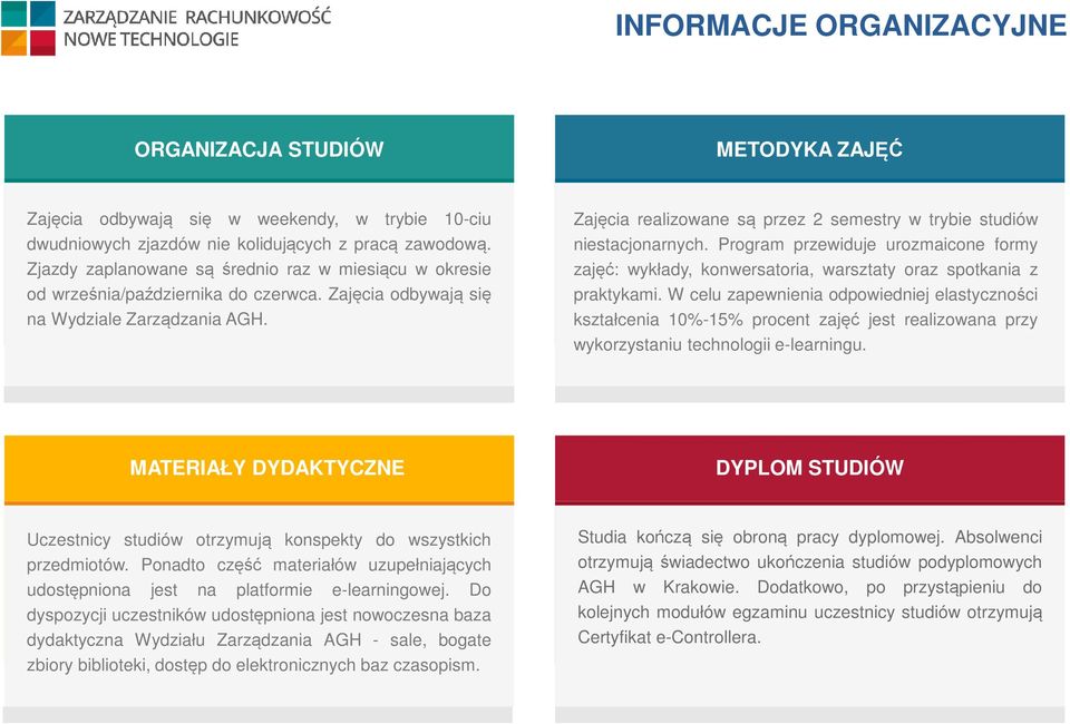 Zajęcia realizowane są przez 2 semestry w trybie studiów niestacjonarnych. Program przewiduje urozmaicone formy zajęć: wykłady, konwersatoria, warsztaty oraz spotkania z praktykami.