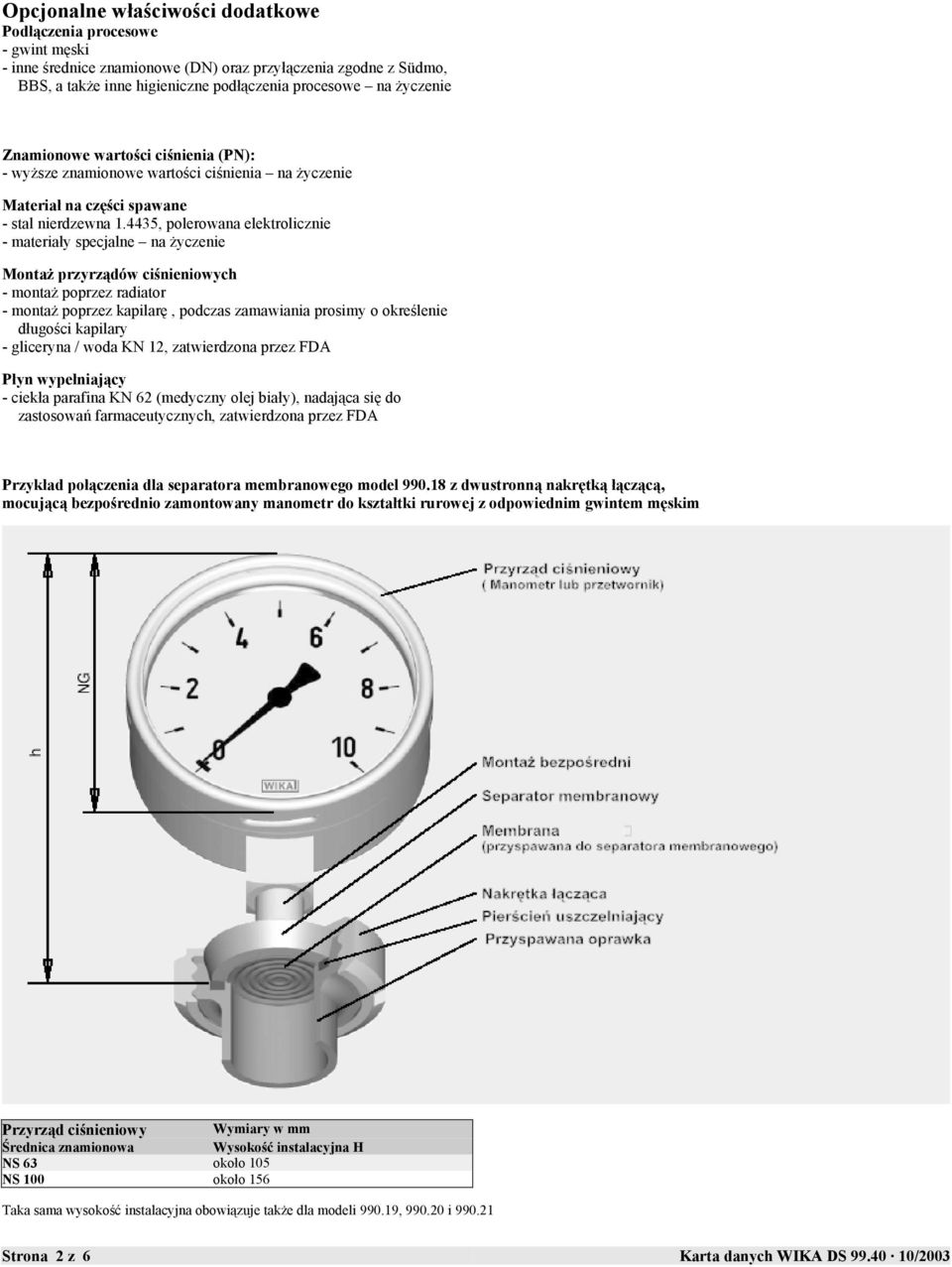 4435, polerowana elektrolicznie - materiały specjalne na życzenie Montaż przyrządów ciśnieniowych - montaż poprzez radiator - montaż poprzez kapilarę, podczas zamawiania prosimy o określenie długości