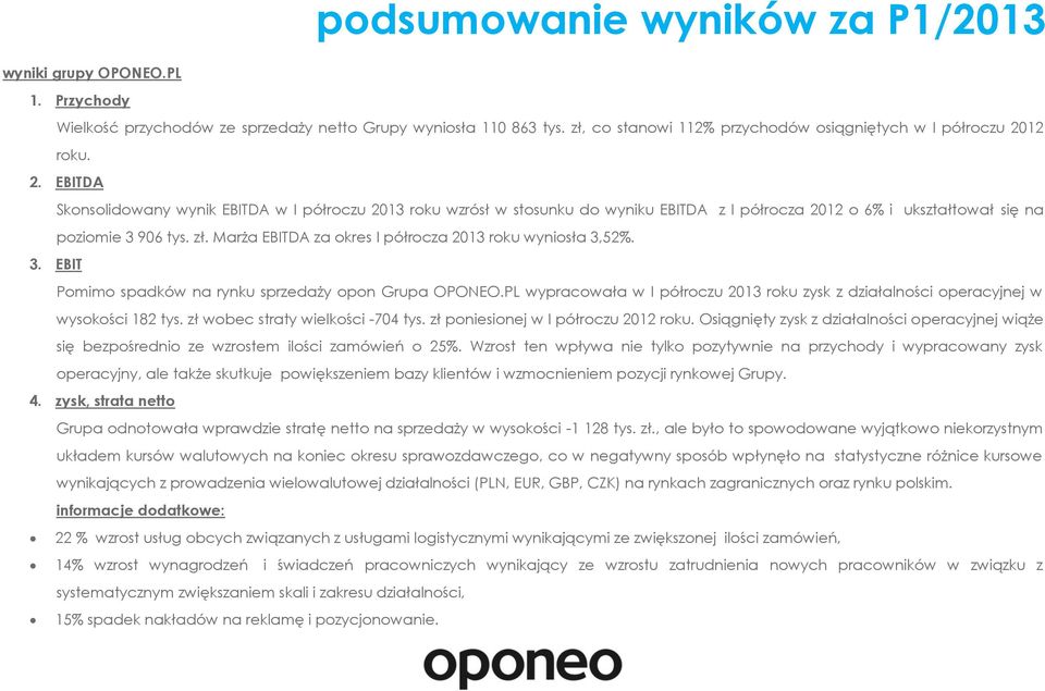 12 roku. 2. EBITDA Skonsolidowany wynik EBITDA w I półroczu 2013 roku wzrósł w stosunku do wyniku EBITDA z I półrocza 2012 o 6% i ukształtował się na poziomie 3 906 tys. zł.