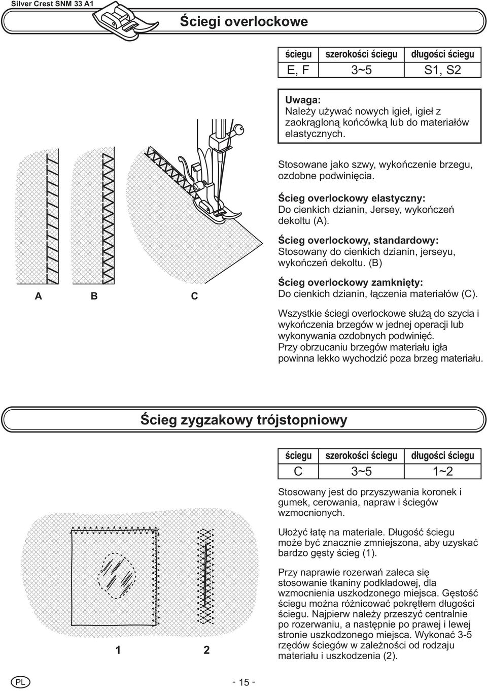 Œcieg overlockowy, standardowy: Stosowany do cienkich dzianin, jerseyu, wykoñczeñ dekoltu. (B) A B C Œcieg overlockowy zamkniêty: Do cienkich dzianin, ³¹czenia materia³ów (C).